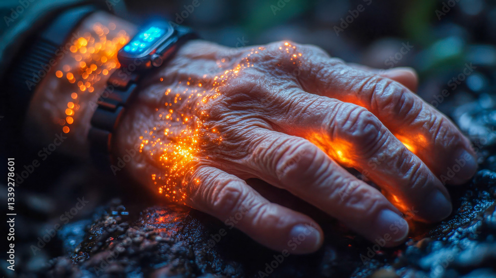 Poster aged hands with rings and a smartwatch interacting with a glowing high-tech digital interface