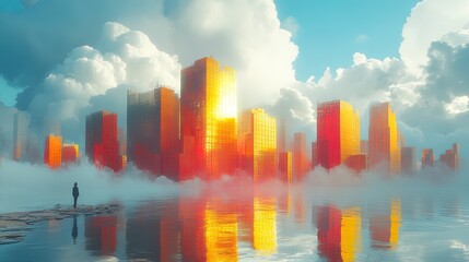 Fototapeta premium A surreal abstract city with floating facades that shift and change in the sunlight 