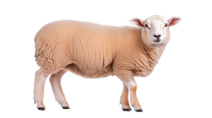 An isolated sheep with fluffy wool and a gentle expression, featuring a transparent background.