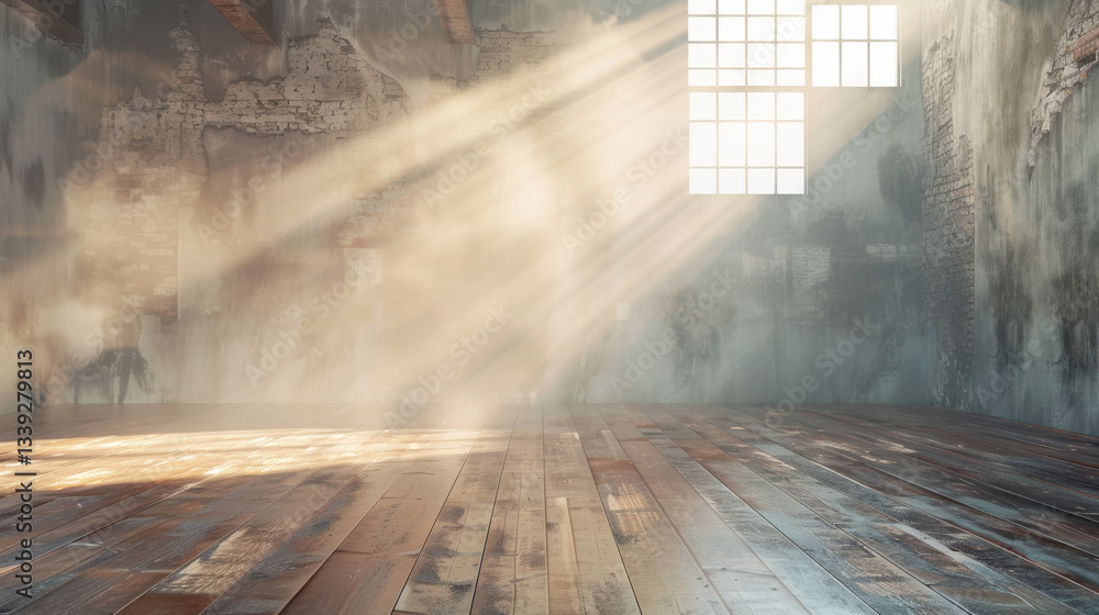 Poster abandoned room with sunlight streaming through window, creating serene atmosphere. dust particles fl