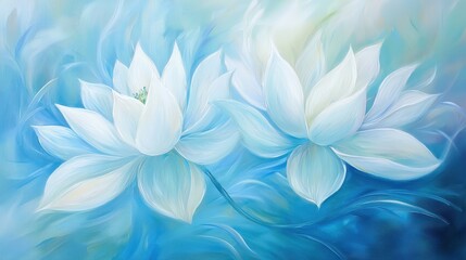 Elegant white flowers in bloom against a tranquil blue background, captivating floral painting