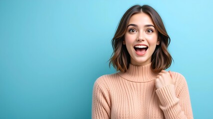 Obraz premium A Young Womans Joyful Surprise Against A Vibrant Blue Backdrop, Radiating Happiness And Excitement With A Soft, Light Peach Sweater