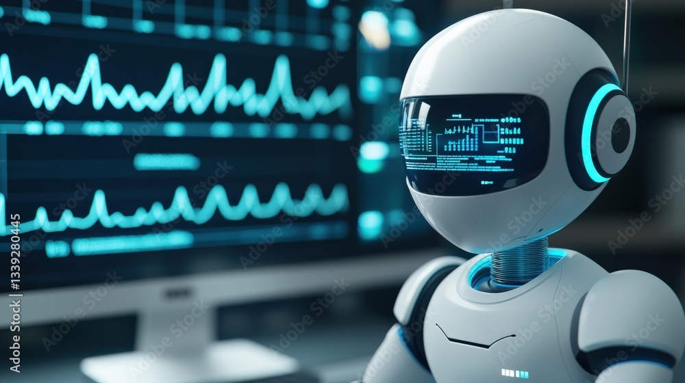 Poster futuristic robot with digital interface and graph on screen
