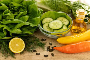 Vegetables from the garden. Ingathering. Making salad at home in the kitchen