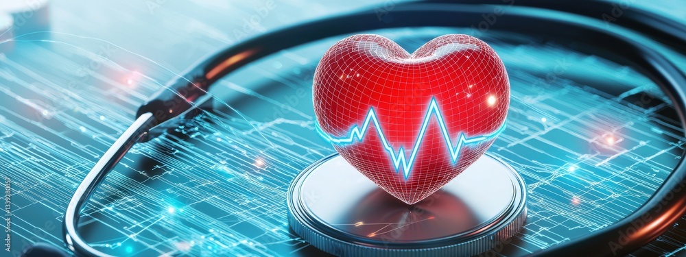Poster digital heart monitor with stethoscope and health data visualization