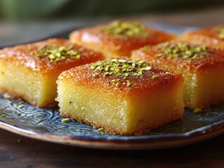 Basbousa. Pistachio-topped Arabic Sweet on Plate, Perfect for Breakfast or Snack