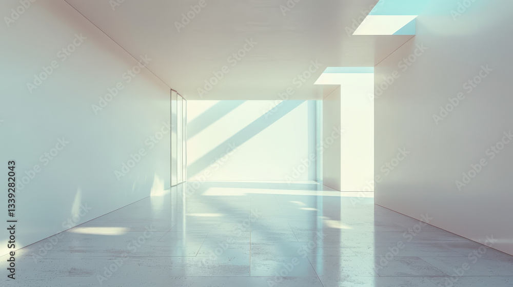 Poster bright, minimalistic interior space with soft shadows and natural light. clean lines and open layout