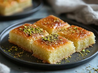 Basbousa with Pistachio. Delicious Arabic Sweet Pastry on Plate