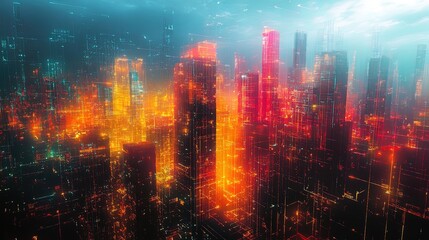 A conceptual urban skyline with facades wrapped in dynamic, glowing threads 