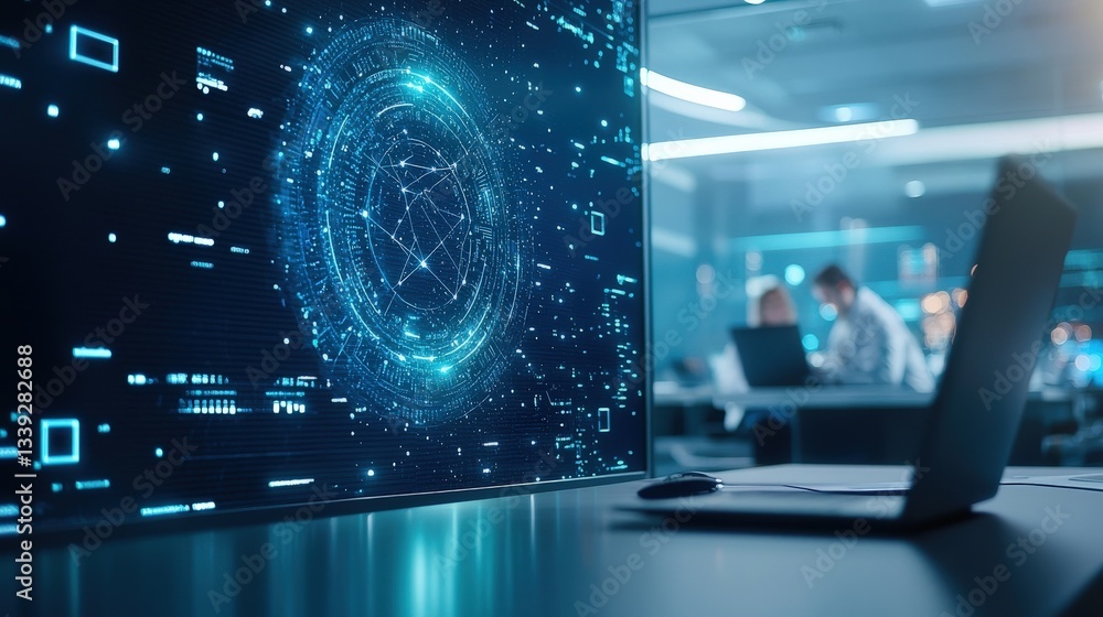 Poster modern workspace with digital interaction and data visualization effects