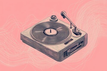Fototapeta premium A vintage turntable plays music on a textured pink background