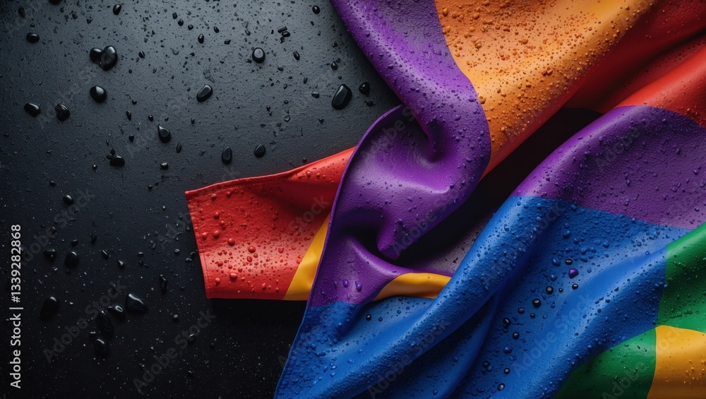 Poster vividly colored fabrics with droplets of water creating a glossy effect on a black surface