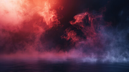 Fototapeta premium Mysterious smoke swirling over calm water surface, creating ethereal atmosphere. vibrant colors of red and purple enhance dramatic effect
