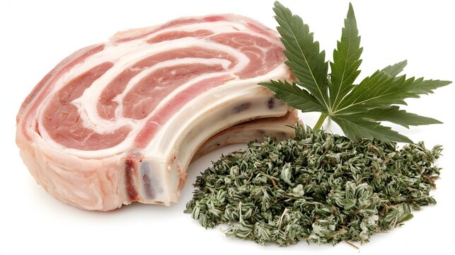 Raw Pork Belly with Fresh Green Herb Leaves on a Bright White Background