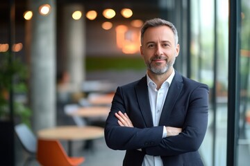 Fototapeta premium Portrait of a man in a suit with his arms crossed in front of a blurred background indoors setting