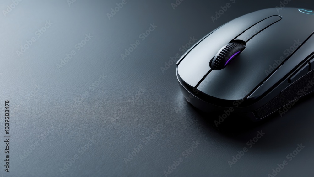 Poster close-up of a sleek, modern computer mouse on a smooth, dark surface highlighting its design and fun