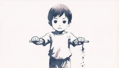 Obraz premium Child practicing balance on bicycle urban setting digital illustration minimalist style