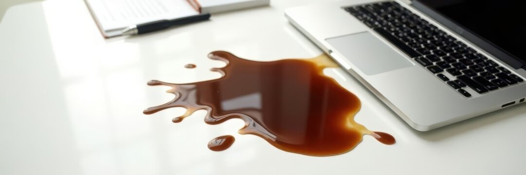 Large coffee spill on white desktop, laptop keyboard partially obscured, electronic, tech problem, brown
