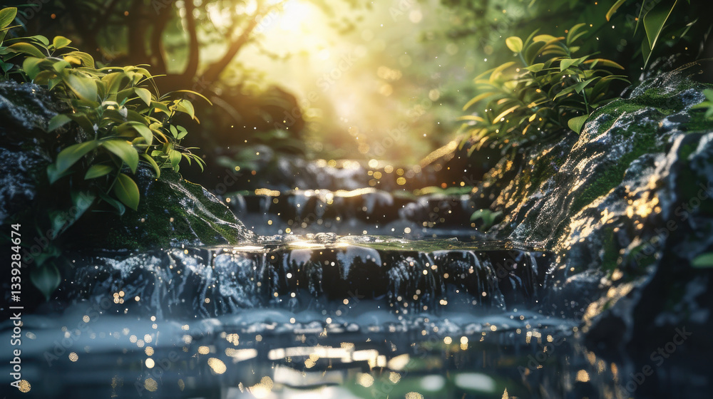 Poster serene waterfall cascading over rocks, surrounded by lush greenery and sunlight filtering through trees, creating tranquil atmosphere