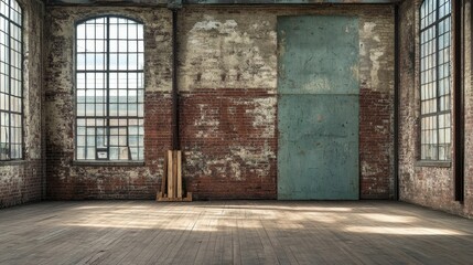 Dusty room, brick walls, wood floor, large windows.