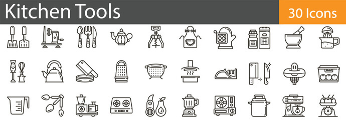 Kitchen Tools Line Icons Set. Collection of 30 outline icons representing essential kitchen tools and utensils for cooking and food preparation. Editable stroke vector illustration.