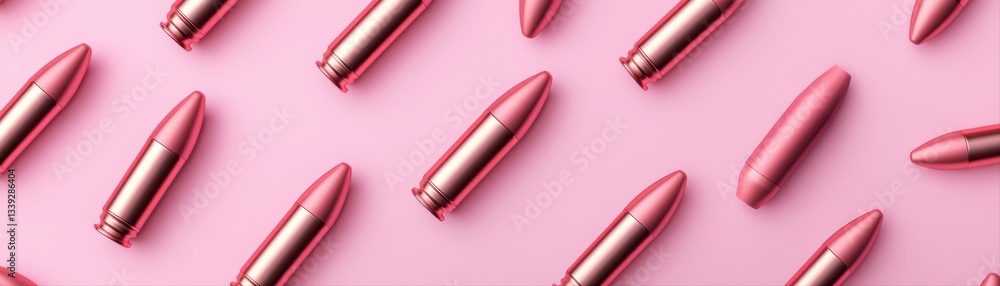 Poster abstract composition of floating metallic ammunition on a soft pink background
