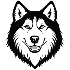 Black and White Alaskan Malamute Head – Vector Illustration Isolated on White Background for Pet, Dog Breed, and Animal Design Use, Malamute Head Vector, Alaskan Dog Face, Pet Breed Illustration



