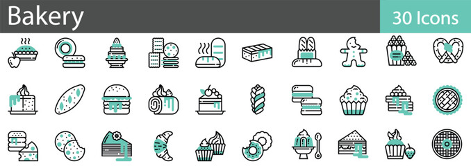 Bakery Elements Line Icons Set. Collection of 30 outline icons representing bakery products, tools, and equipment. Editable stroke vector illustration