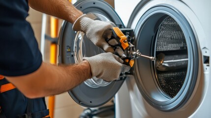 Fototapeta premium Skilled professionals using tools to attach a washing machine to plumbing connections 