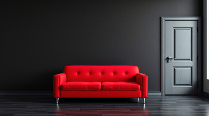 Modern Minimalist Interior with Bold Red Sofa Against Black Wall. Generative Ai