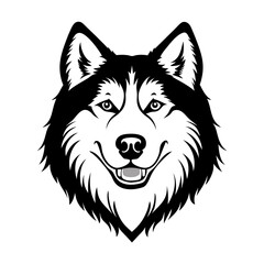Black and White Alaskan Malamute Head – Vector Illustration Isolated on White Background for Pet, Dog Breed, and Animal Design Use, Malamute Head Vector, Alaskan Dog Face, Pet Breed Illustration
