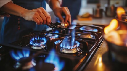 Obraz premium Skilled technicians connecting gas pipes while installing a new gas stove 