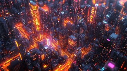 Obraz premium An aerial view of an urban sprawl with glowing, abstract facades reflecting vibrant lights 