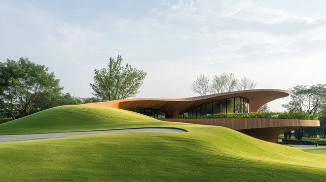 Wooden structure nestled in rolling green hills.