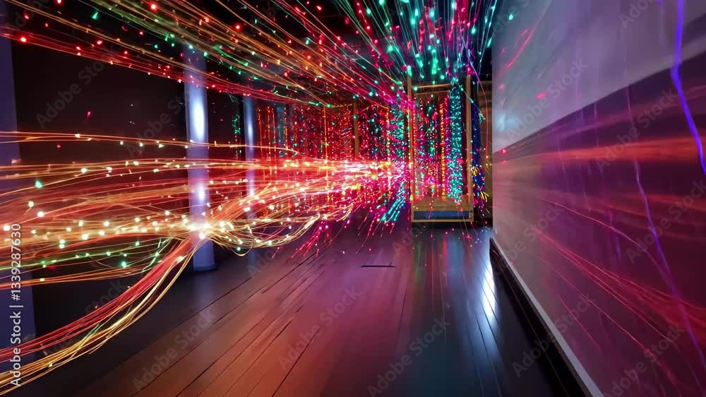 Poster light trails illuminate a vibrant server room with dynamic color patterns and energy, light trails m