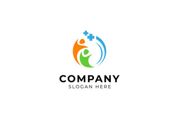 Healthy living people logo with medical cross symbol in flat vector design style