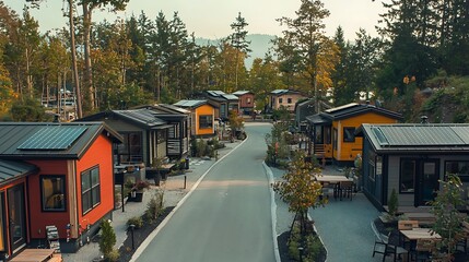 Obraz premium Charming, colorful tiny homes nestled in a serene, wooded community. Solar panels adorn the roofs of the modern cabins. 