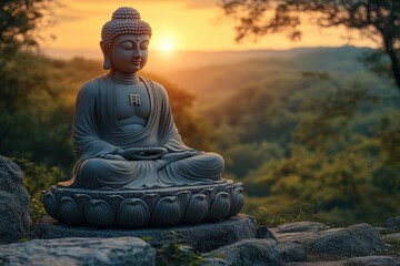 Buddha statue in meditative pose sits atop rock at sunset, overlooks valley in peaceful landscape