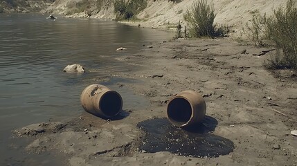 Obraz premium Broken Clay Pots Laying Abandoned on the Shoreline of a Calm River in a Natural Setting