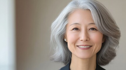 Smiling mature woman with silver hair, professional atmosphere, showcasing confidence and warmth, ideal for business context.