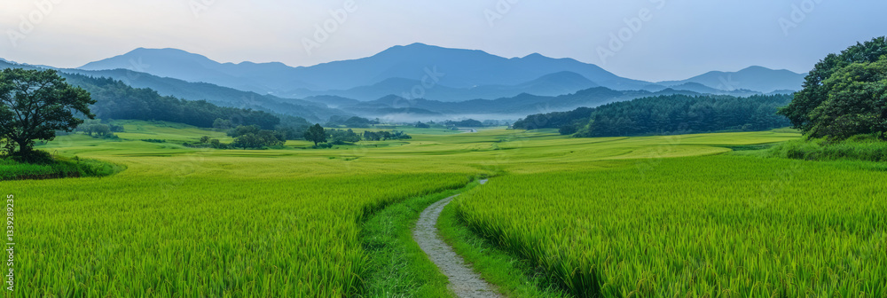 Poster a path through a green field with mountains in the background