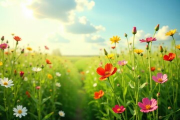 A field of tall grass with wildflowers swaying in the wind, botanical, wildflower,