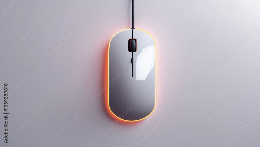 Poster sleek and modern computer mouse with a reflective surface and soft neon glow, positioned against a m
