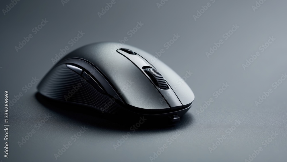 Poster a sleek wireless computer mouse resting on a smooth surface, showcasing a modern design with a metal