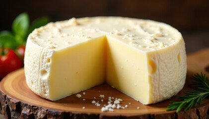 Artisan wheel of creamy white cheese, isolated , cheese wheel, nutrition, block