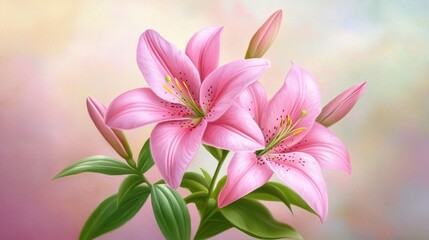 Fototapeta premium Elegant pink lily flowers on a matching pink backdrop, delicate floral display
