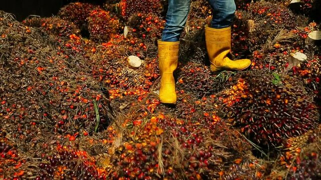 Oil palm fruits are collected for industrial production