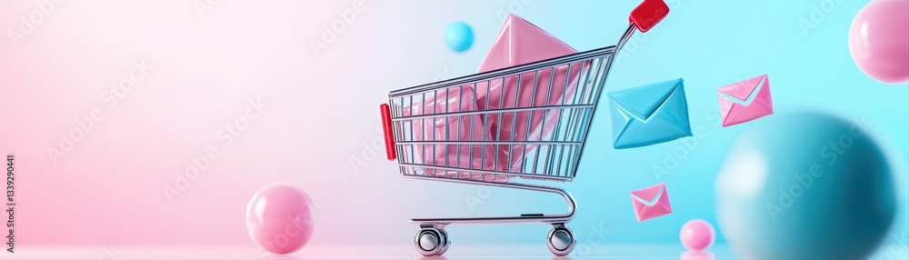 Poster 3d rendered shopping cart with colorful mail and decorative elements in modern composition