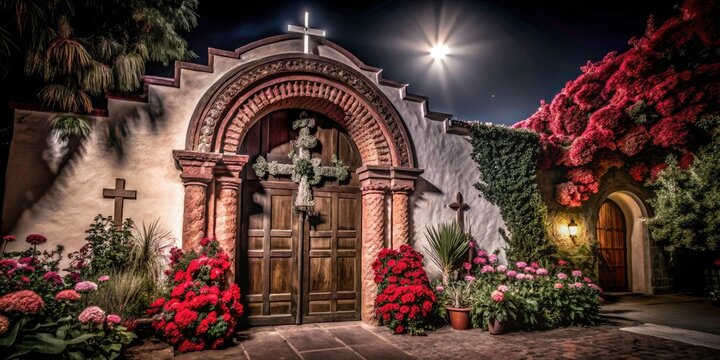 Night Photography Mission San Juan Capistrano California October 2017 Arch Door Cross Red Flowers