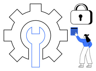 Woman interacting with numeric keypad near gear and lock, symbolizing security, access control, and management. Ideal for technology, cybersecurity, software, development, settings tools access